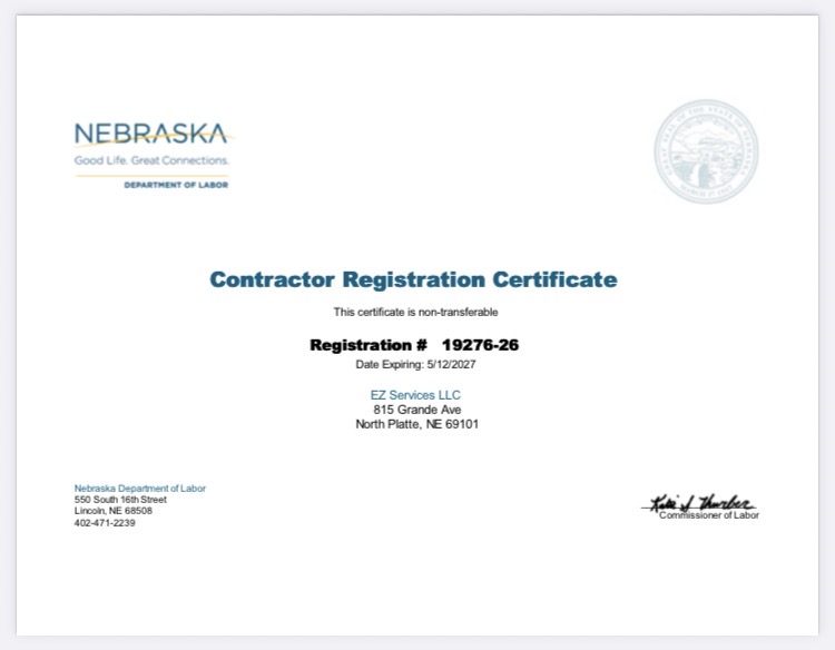Nebraska contractor registration certificate for EZ Services LLC, registration 19276-26
