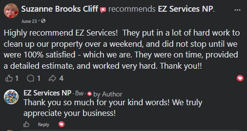 Facebook recommendation for EZ Services NP from Suzanne Brooks Cliff